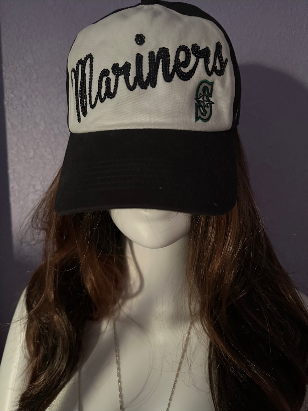 Mariners Sequin Bling Script Logo Baseball Cap - Navy and White